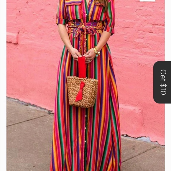 Colorful Striped Button-Up Shirt Dress w/ pockets tunic - Picture 6 of 7